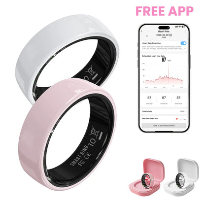 #6-#11 Pink & Black Ceramic Smart Couple Rings for Women & Men, Fitness & Sleep Tracker, Heart Rate & Stress Monitor, Cycle Tracking, IP68 Waterproof, 3–5 Day Battery, Ios & Android Compatible, with Charging Case