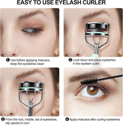 Eyelash Curler with Comb and Brush Fit All Eye Shape Curved Eyelash Curlers with 6PCS Silicone Refill Pad,Natural and Long Lasting Lash Curler for Women Make up Gift(Blue)