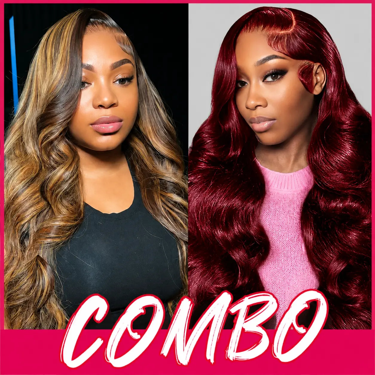GlamWave™ Buy 1 Get 2 Lace Front Wig Bundle – Honey Blonde & Burgundy Body Wave Human Hair Wigs