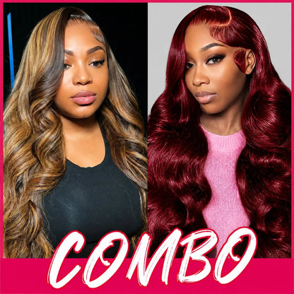 [Combo Sale 30"&30"] Buy 1 Get 2 Wig" 22 Inch 13X4 Body Wave Honey Blonde Hair Lace Front Wigs +13X4 22Inch Body Wave 99J Human Hair Hair Pre Plucked HD Transparent Lace Frontal Human Hair Wigs 180% Density