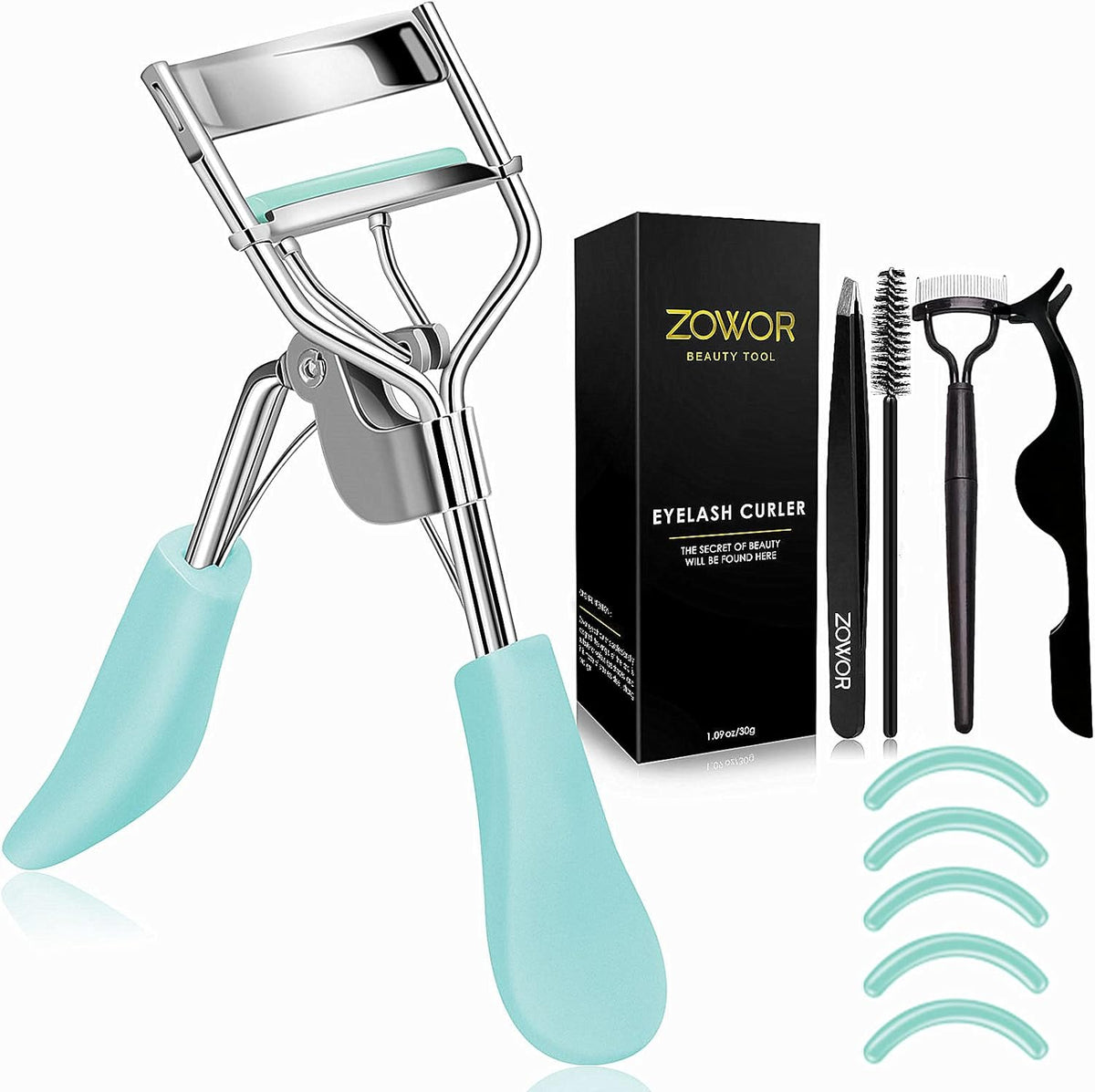 Eyelash Curler with Comb and Brush Fit All Eye Shape Curved Eyelash Curlers with 6PCS Silicone Refill Pad,Natural and Long Lasting Lash Curler for Women Make up Gift(Blue)