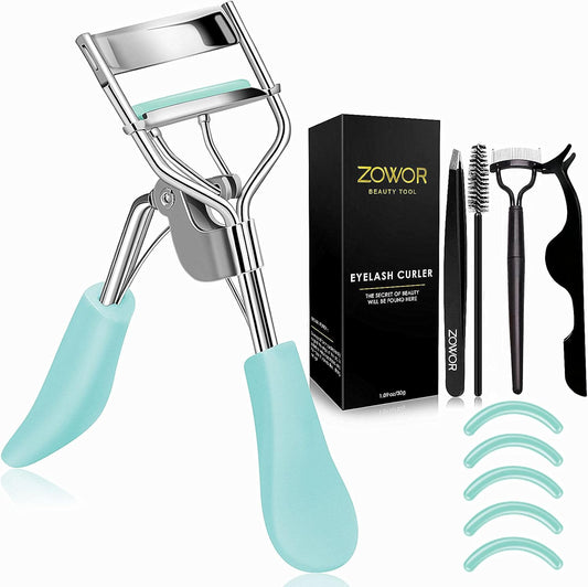 Eyelash Curler with Comb and Brush Fit All Eye Shape Curved Eyelash Curlers with 6PCS Silicone Refill Pad,Natural and Long Lasting Lash Curler for Women Make up Gift(Blue)