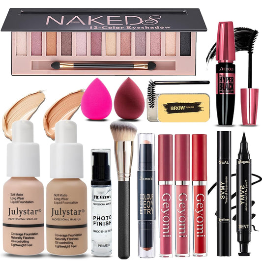 All in One Makeup Kit for Women Full Kit, Makeup Set 12 Colors Eyeshadow, Foundation & Primer, Lipsticks, Eyeliner, Mascara, Contour Stick, Brow Soap, Brush & Sponge, Make up Gift Set for Women, Teens