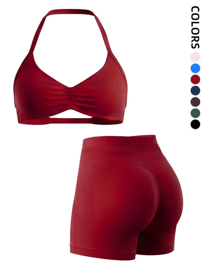 2-Piece Seamless Sports Bra Set with Pads, High-Waisted Peach Butt Running Yoga Shorts, Sleeveless Sporty Suit for Women, Yoga Workout Activewear, Workout Sets