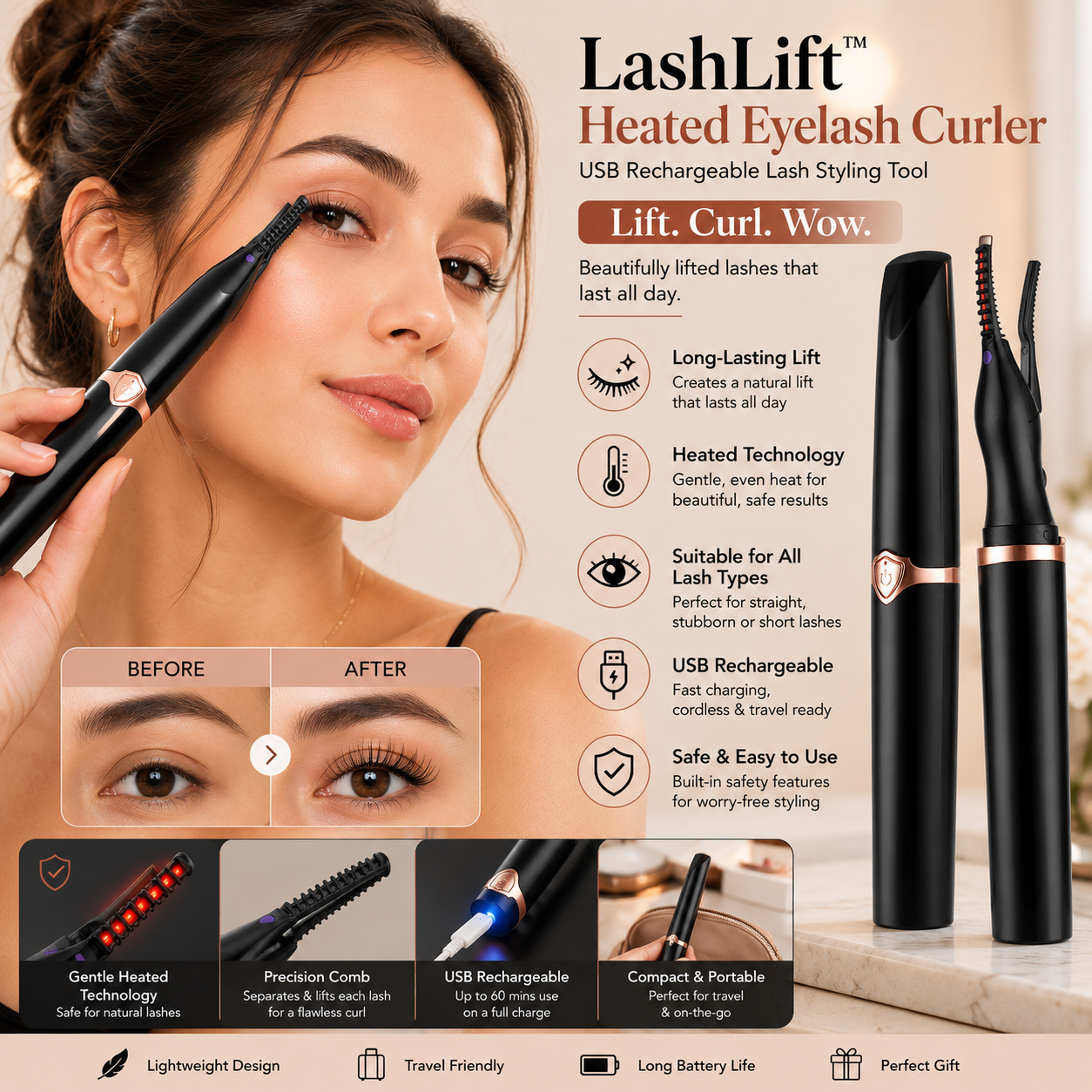 LashLift™ Heated Eyelash Curler – USB Rechargeable Lash Styling Tool