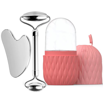 1/3Pcs Ice Face Roller Facial Skincare Ice Roller Stainless Steel Facial Roller Gua Sha Tool Reusable Silicone Ice Facial Roller