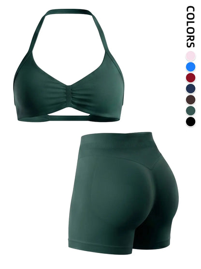 2-Piece Seamless Sports Bra Set with Pads, High-Waisted Peach Butt Running Yoga Shorts, Sleeveless Sporty Suit for Women, Yoga Workout Activewear, Workout Sets