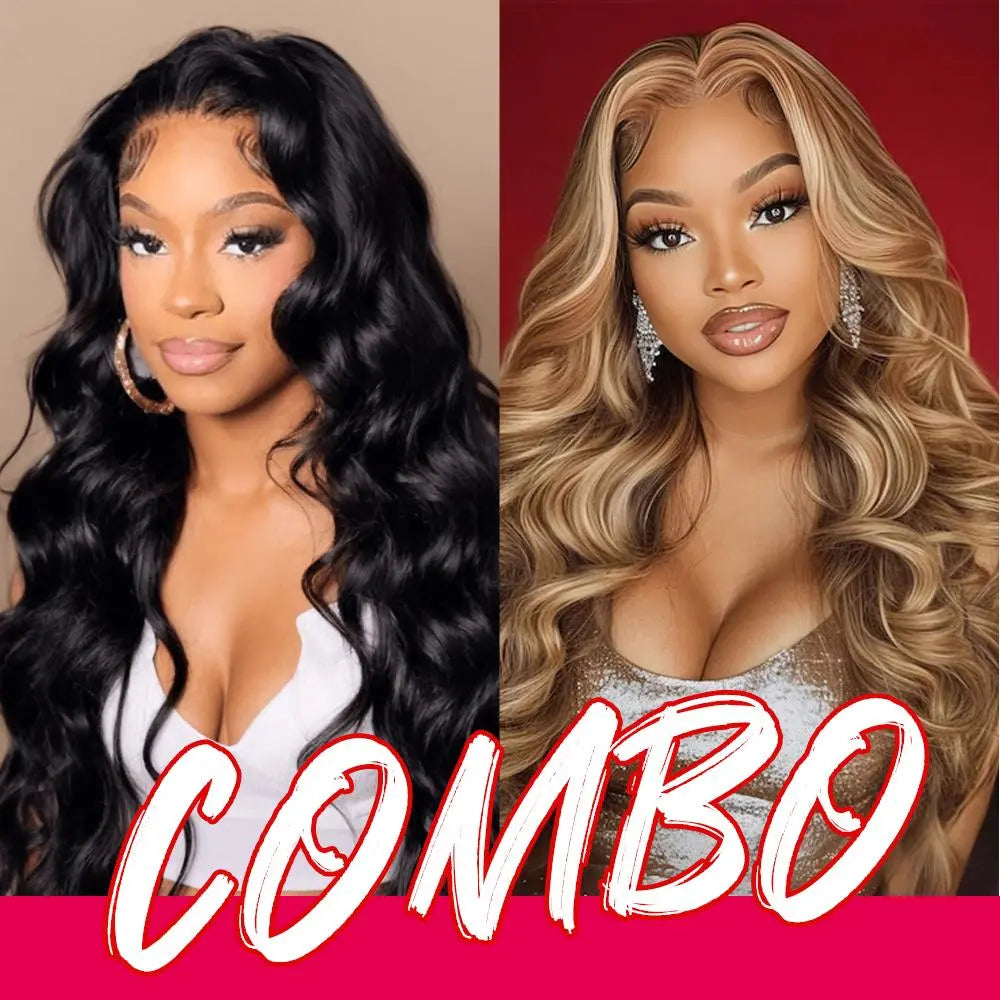 [Combo Sale 30"&30"] Buy 1 Get 2 Wig" 22 Inch 13X4 Body Wave Honey Blonde Hair Lace Front Wigs +13X4 22Inch Body Wave 99J Human Hair Hair Pre Plucked HD Transparent Lace Frontal Human Hair Wigs 180% Density